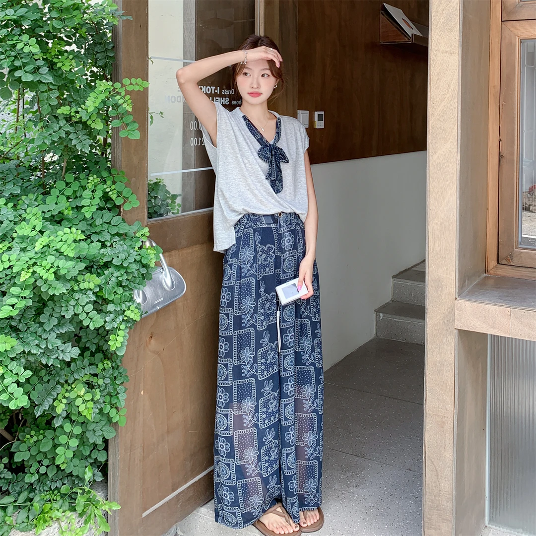 复古减龄印花阔腿裤短袖T恤百搭两件套2025夏新款高级感套装女