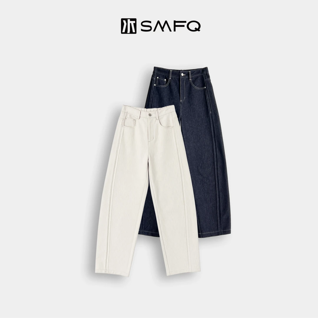 水木夫妻”削胯弯刀“澳洲羊毛简约牛仔磨毛显瘦镰刀弯刀裤