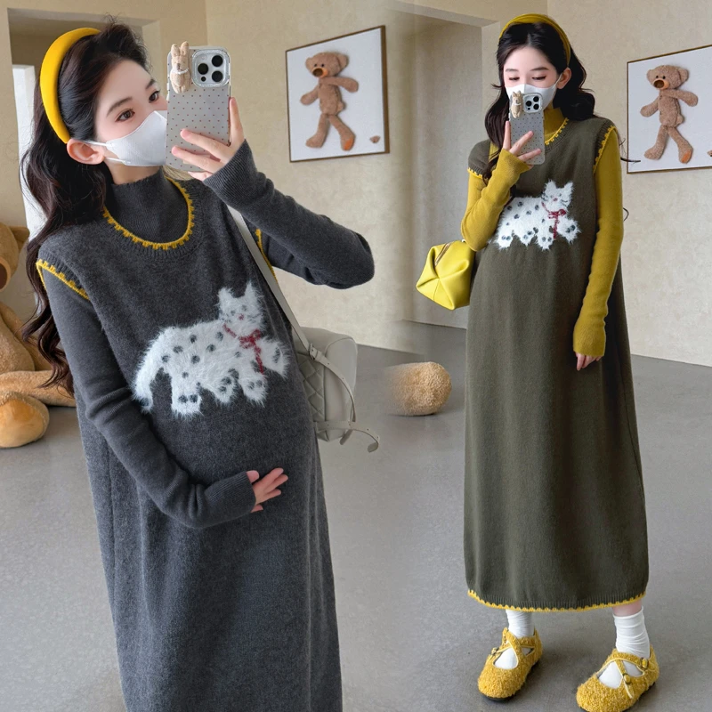 时髦孕妇装新款韩版刺绣卡通小熊毛衣背心裙时尚打底针织显瘦套装