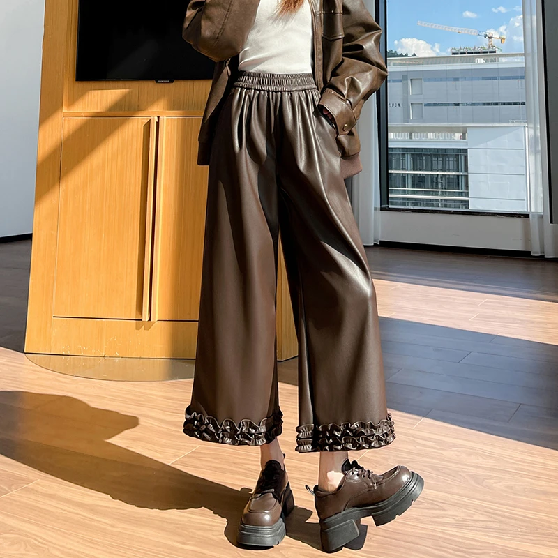 木耳边PU皮阔腿裤女秋冬新款高腰显瘦垂感遮肉小个子九分休闲皮裤