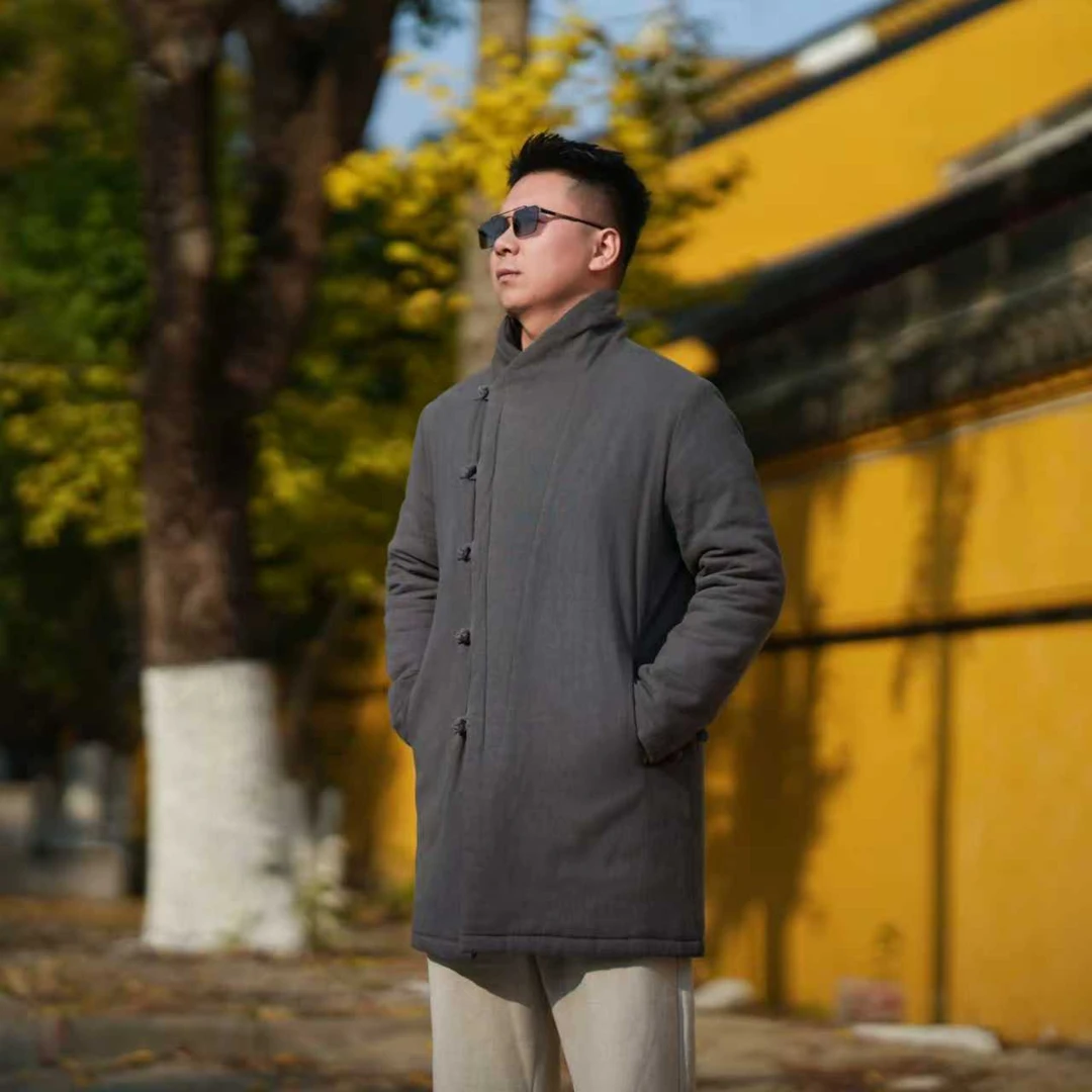 文柯中国风男斜襟中长款宽松高立领新中式冬装棉服加厚保暖棉衣