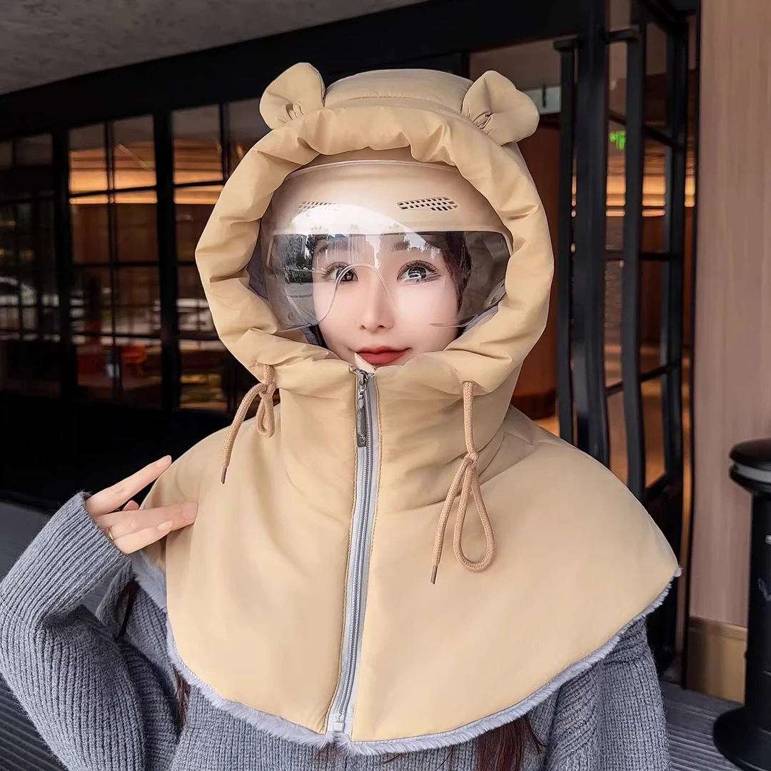 帽子女冬季雷锋帽骑行防风帽电动车头盔内胆防寒帽子围巾一体披肩