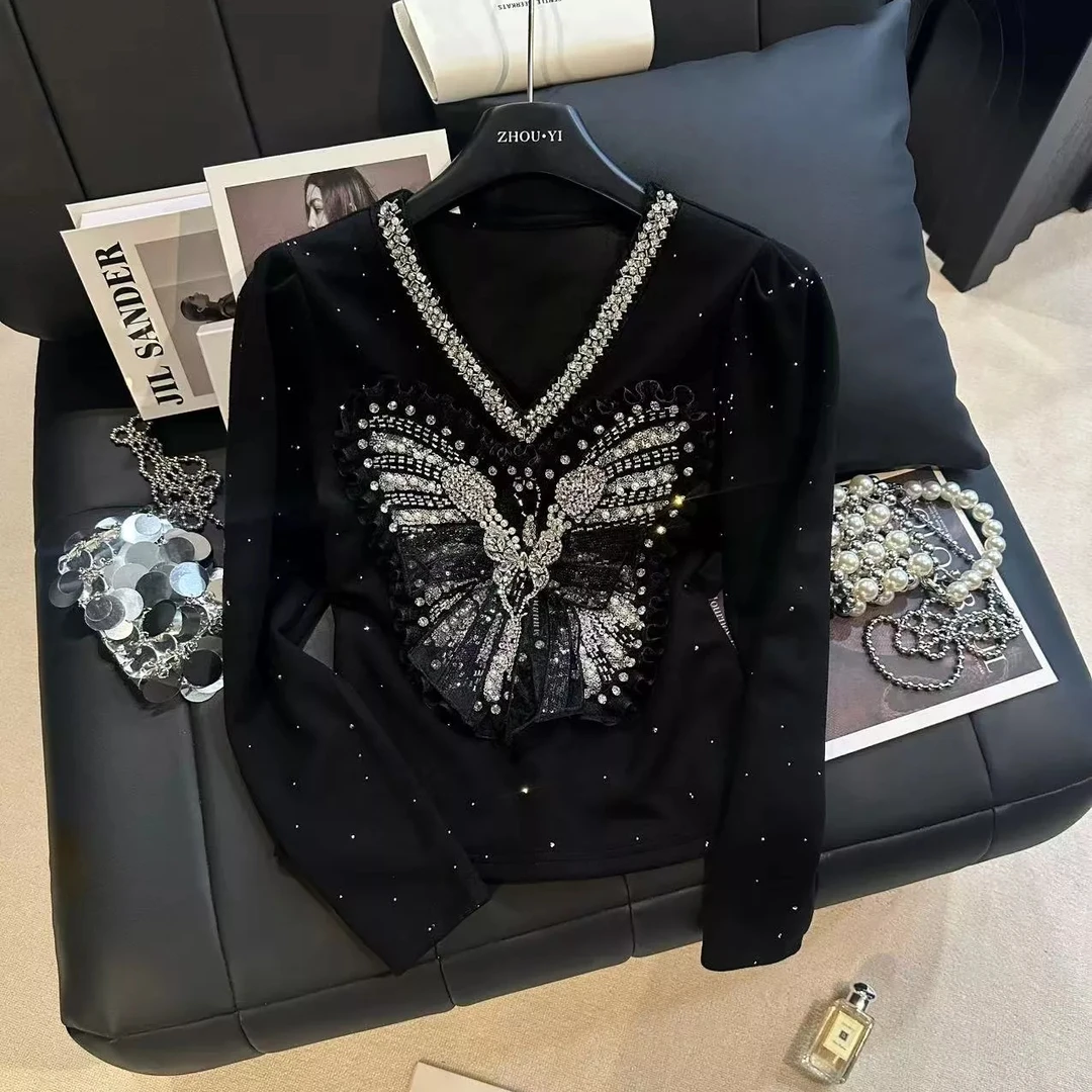 ZHOUYI/周一 2025秋季新款蝴蝶设计打底衫优雅长袖女百搭修身上衣