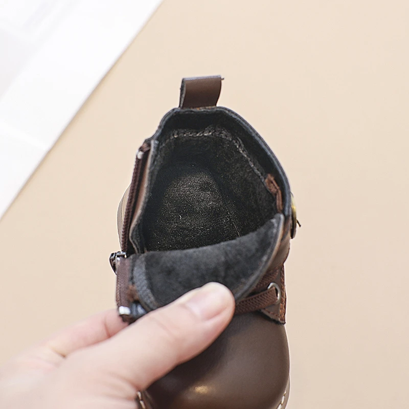 冬款加绒男小童马丁靴加绒英伦风女童靴小童舒适金属儿童皮靴7257