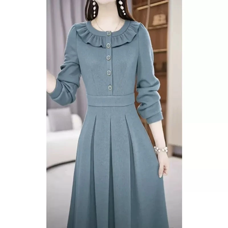 2025春秋新款收腰显瘦打底裙时尚花边中娃娃领大码连衣裙5106