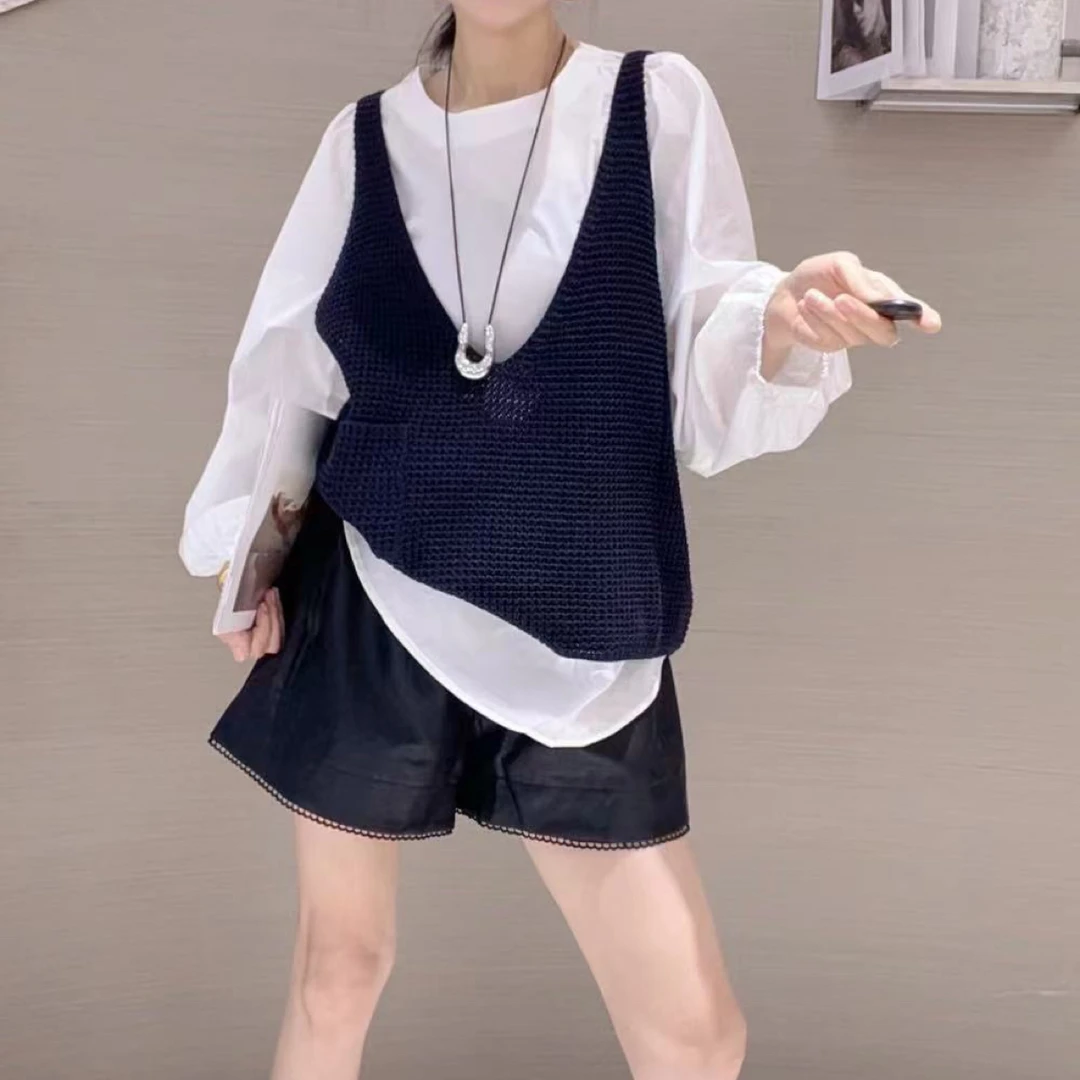 秋季新款韩系圆领宽松衬衫搭配针织马甲套装女潮