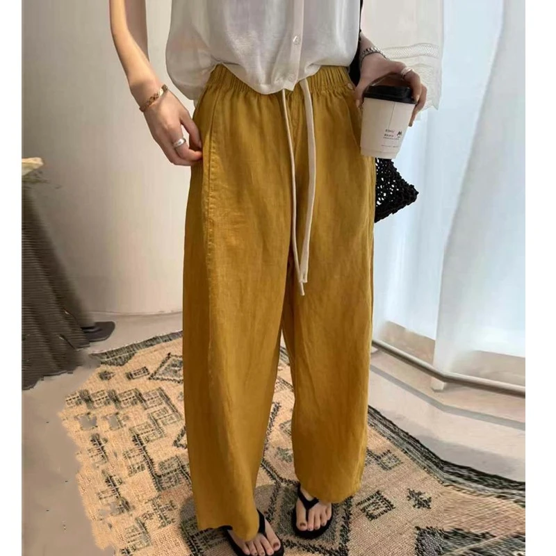 韩系显瘦抽绳九分裤夏季薄款亚麻直筒裤女冰丝凉快裤宽松休闲裤子