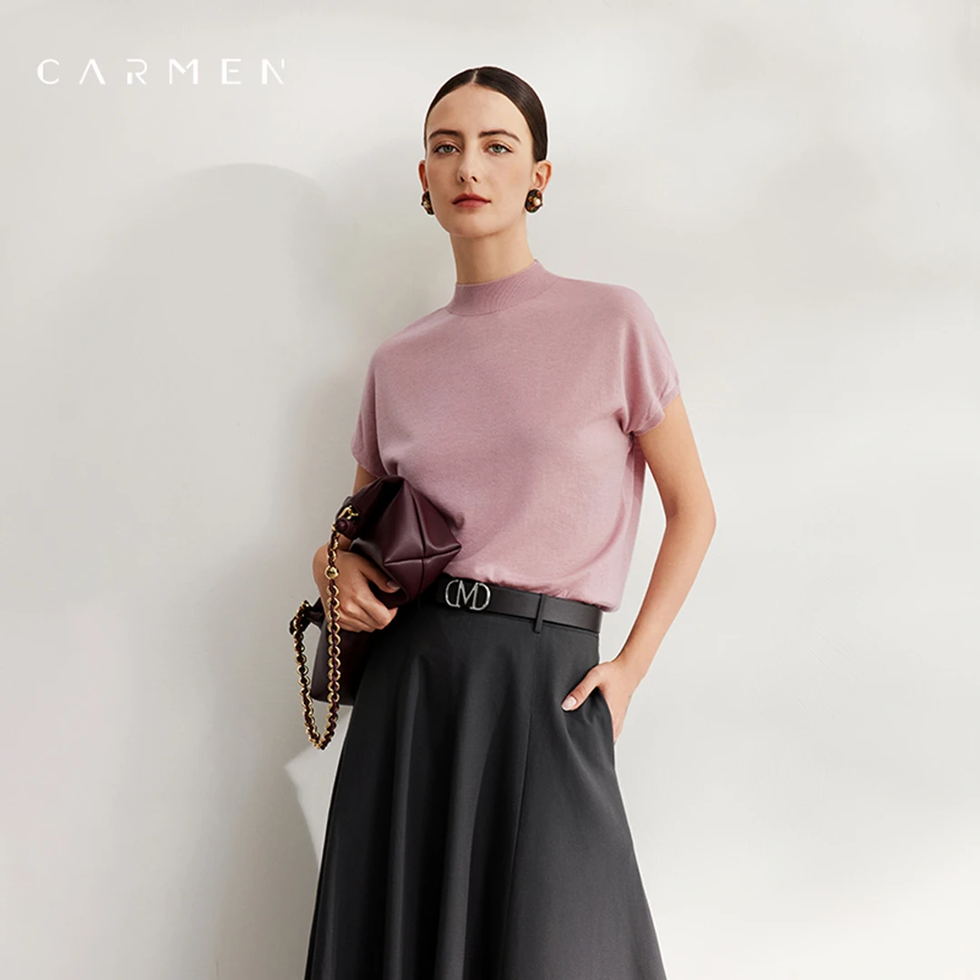 Carmen卡蔓高端精纺美利奴羊毛针织T恤女25秋新简约百搭短袖毛衣