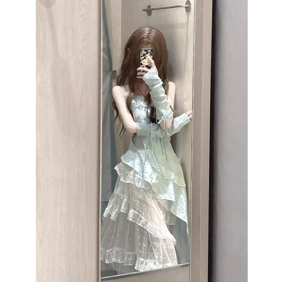 气质法式设计感韩系甜美不规则荷叶边吊带上衣连衣裙女小个子穿搭