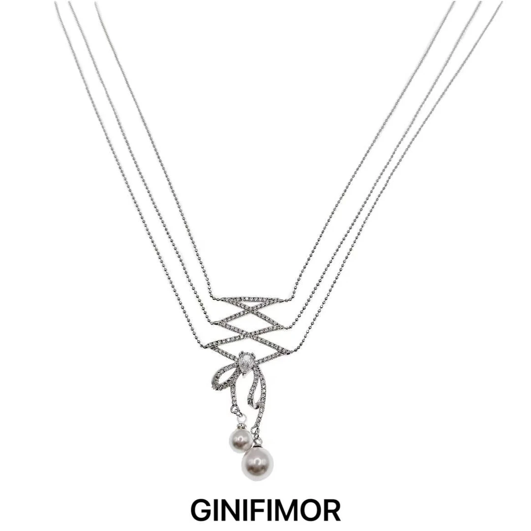 GINIFIMOR 铜合金项链 a657 满钻飘带蝴蝶结多层项链女百搭锁骨链