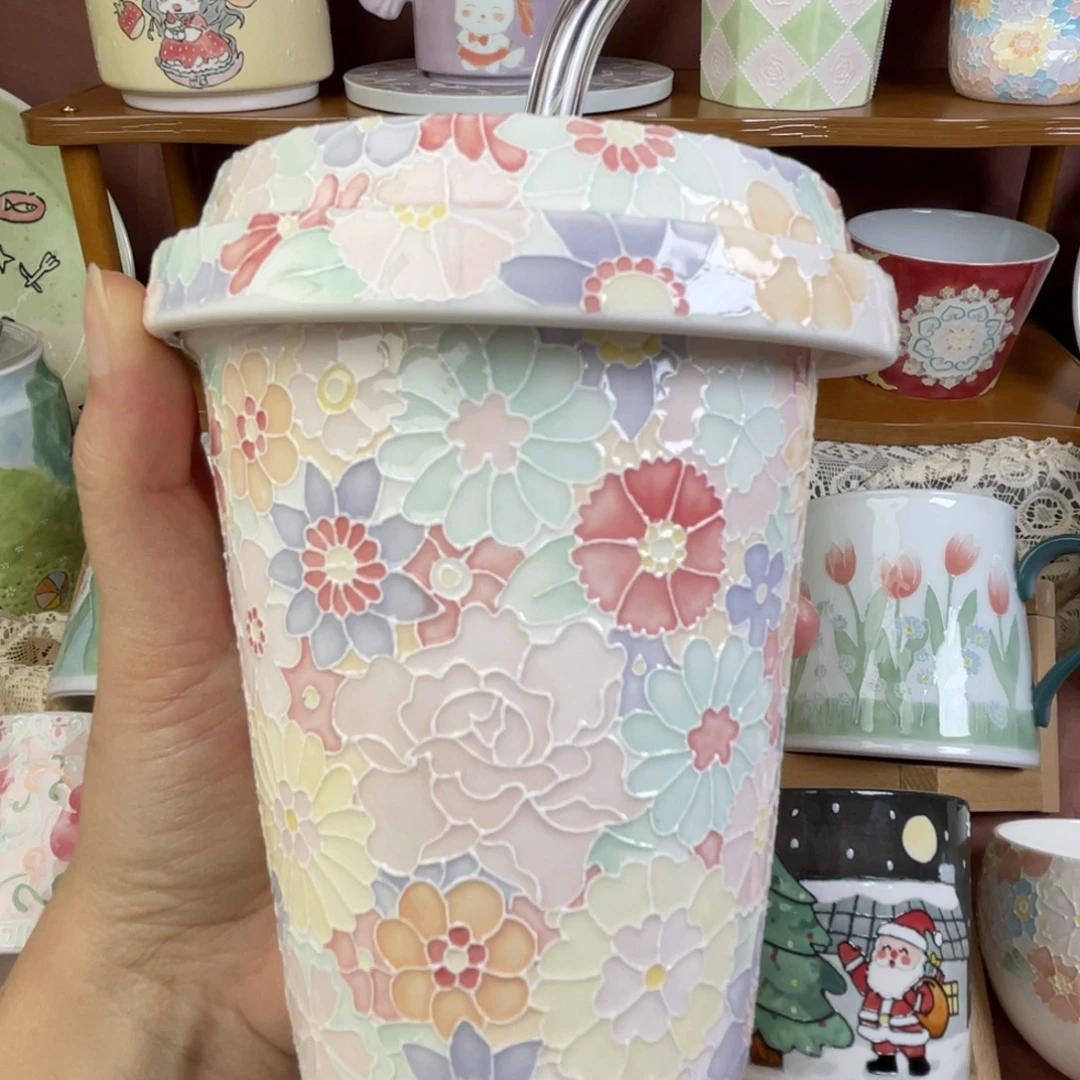陶瓷盖子款手绘陶瓷水杯带盖