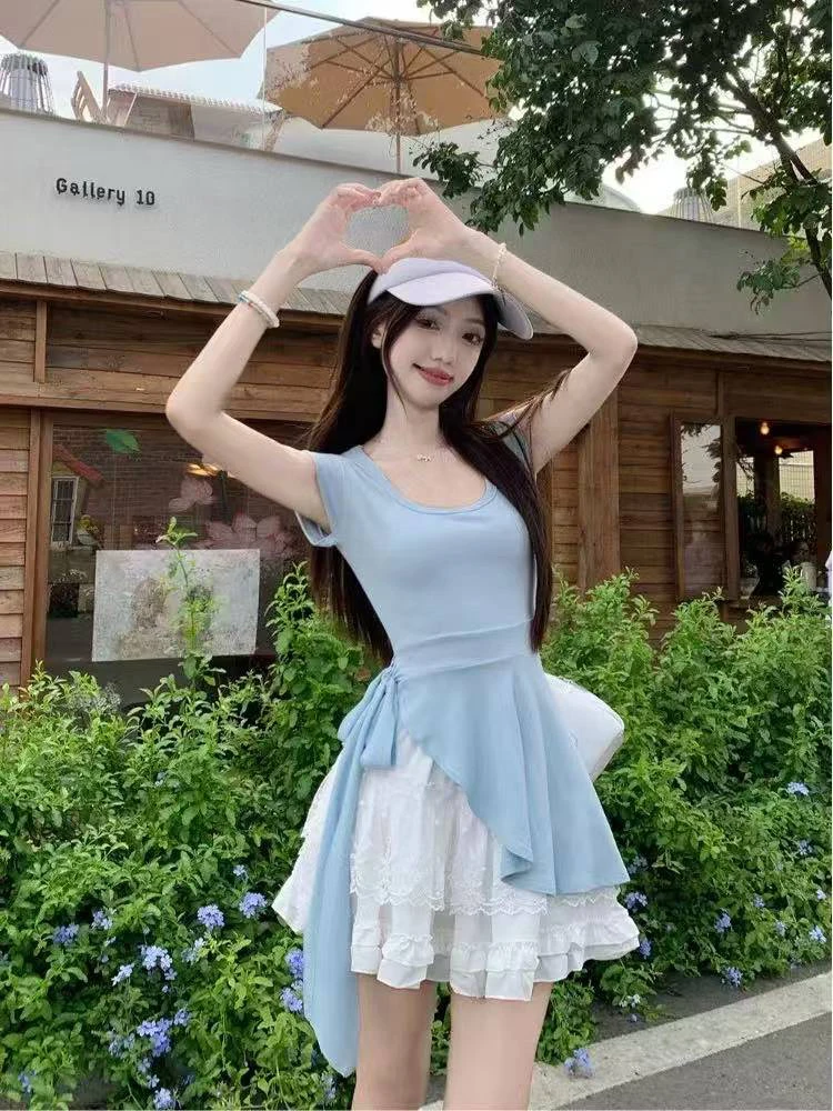 lemon@676 韩系时尚不规则修身绑带方领上衣（衣长62） 5-17