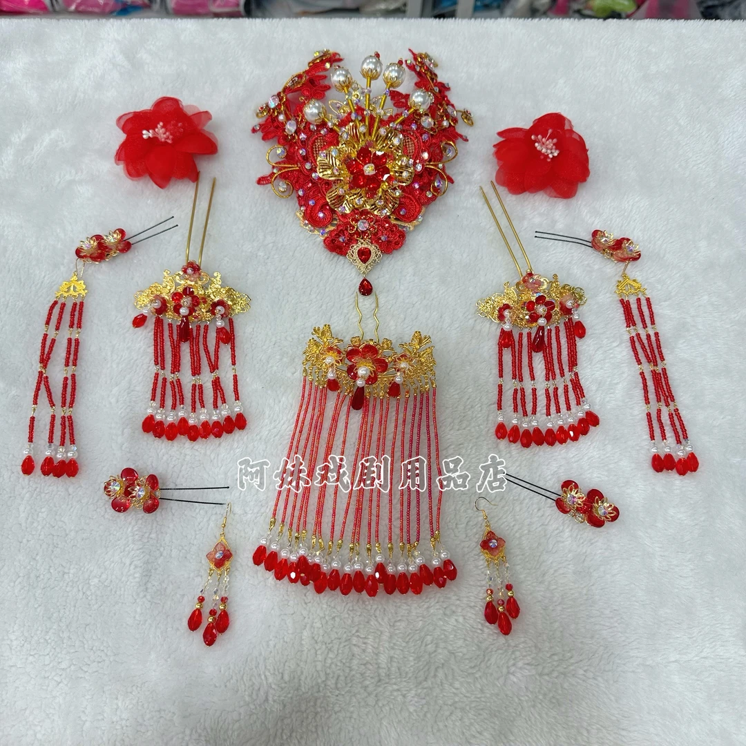 新款琉越剧戏曲舞台头饰复古手工红色发夹花旦小姐古装正凤头饰