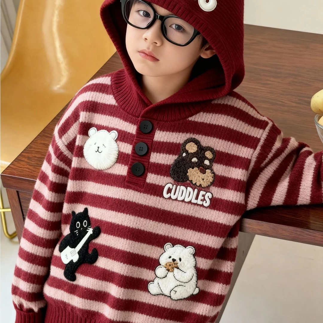 韩版落肩连帽条纹毛衣针织打底加绒儿童衣服中小童秋冬加厚上衣红