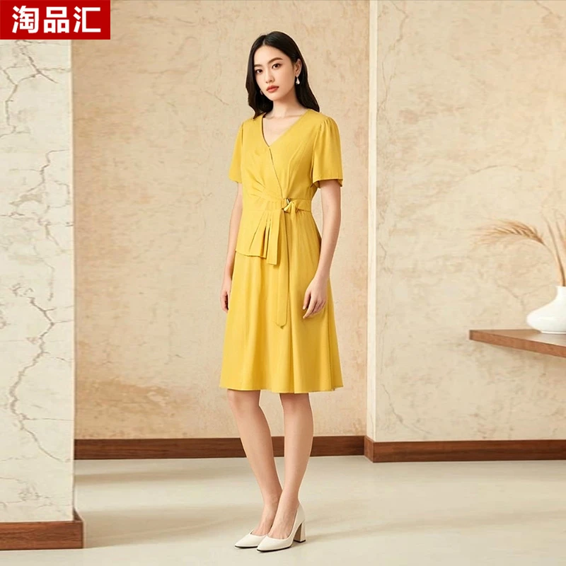 【H专柜C捡漏F-3】QAB深圳高端连衣裙甜美气质长裙6451布丁黄正码