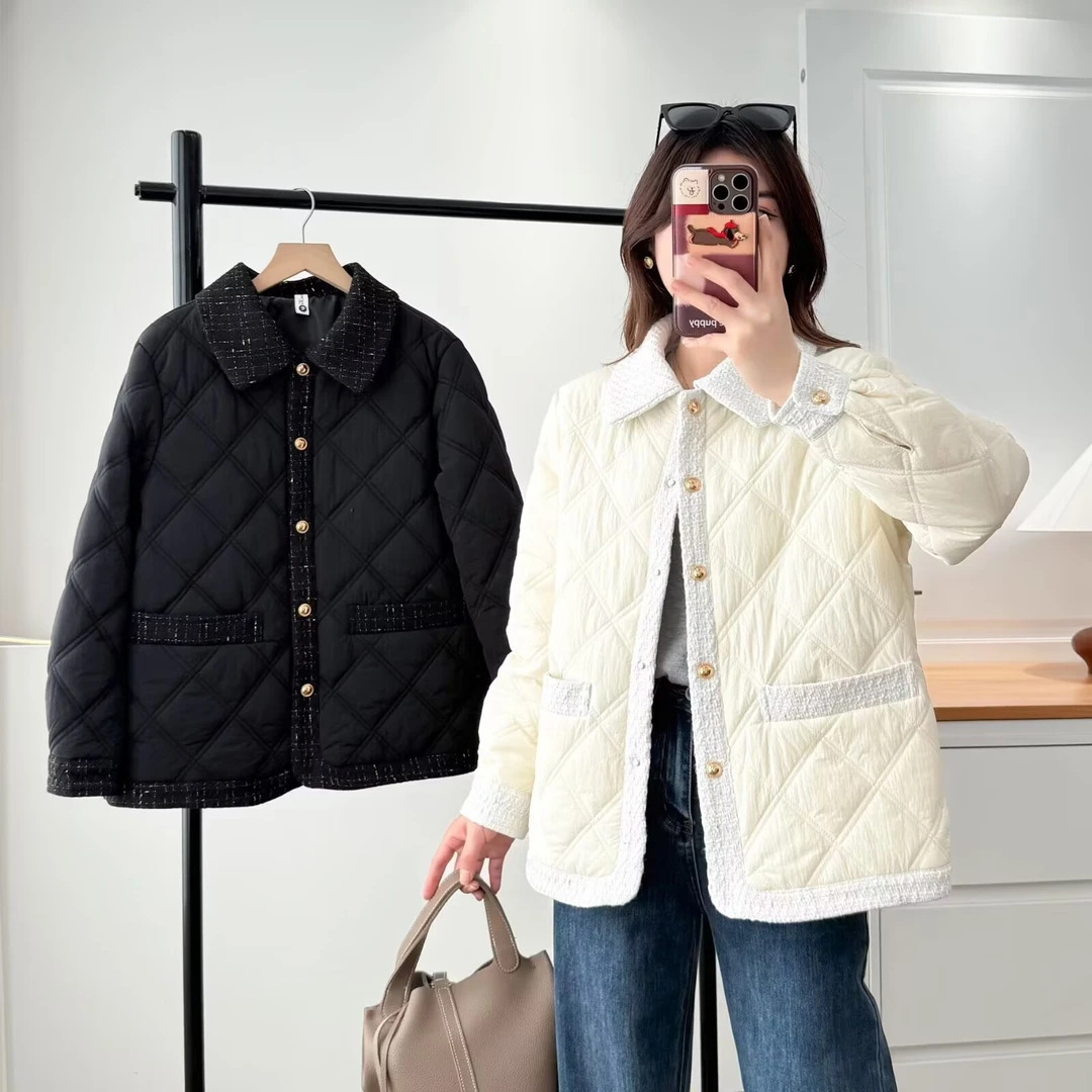 大码翻领宽松型圆领保暖棉衣菱格POLO领小香风2515