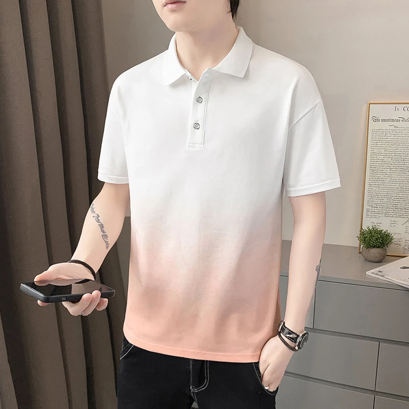 夏季男士时尚短袖潮流帅气渐变翻领POLO男