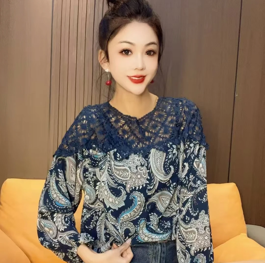 秋季新款长袖百搭时尚拼接碎花蕾丝小衫花衫20253上衣打底衫镂空