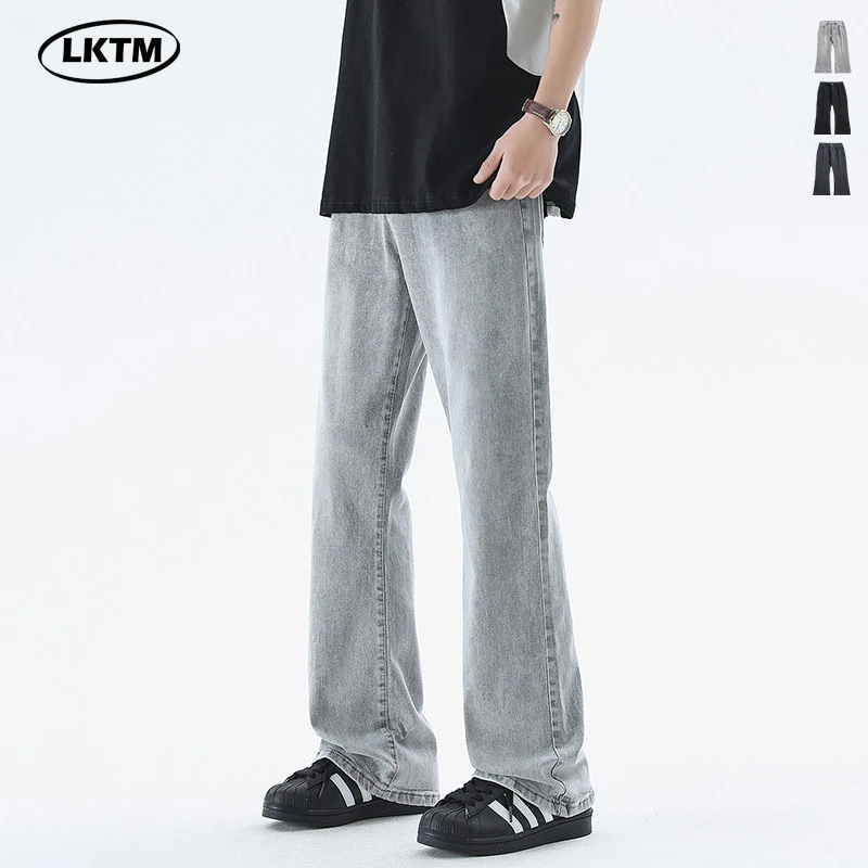LKTM男装#美式水洗雾霾灰牛仔裤男女休闲潮牌休闲cleanfit微喇裤