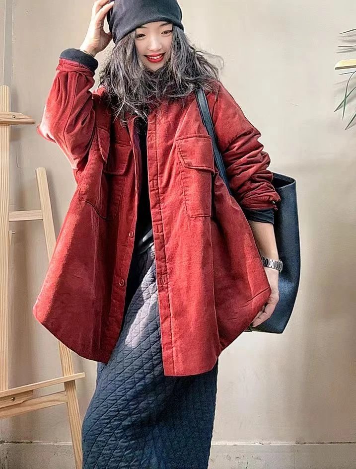 双口袋翻领薄中长款棉衣2025冬季新款休闲灯芯绒夹薄棉大版衬衫女