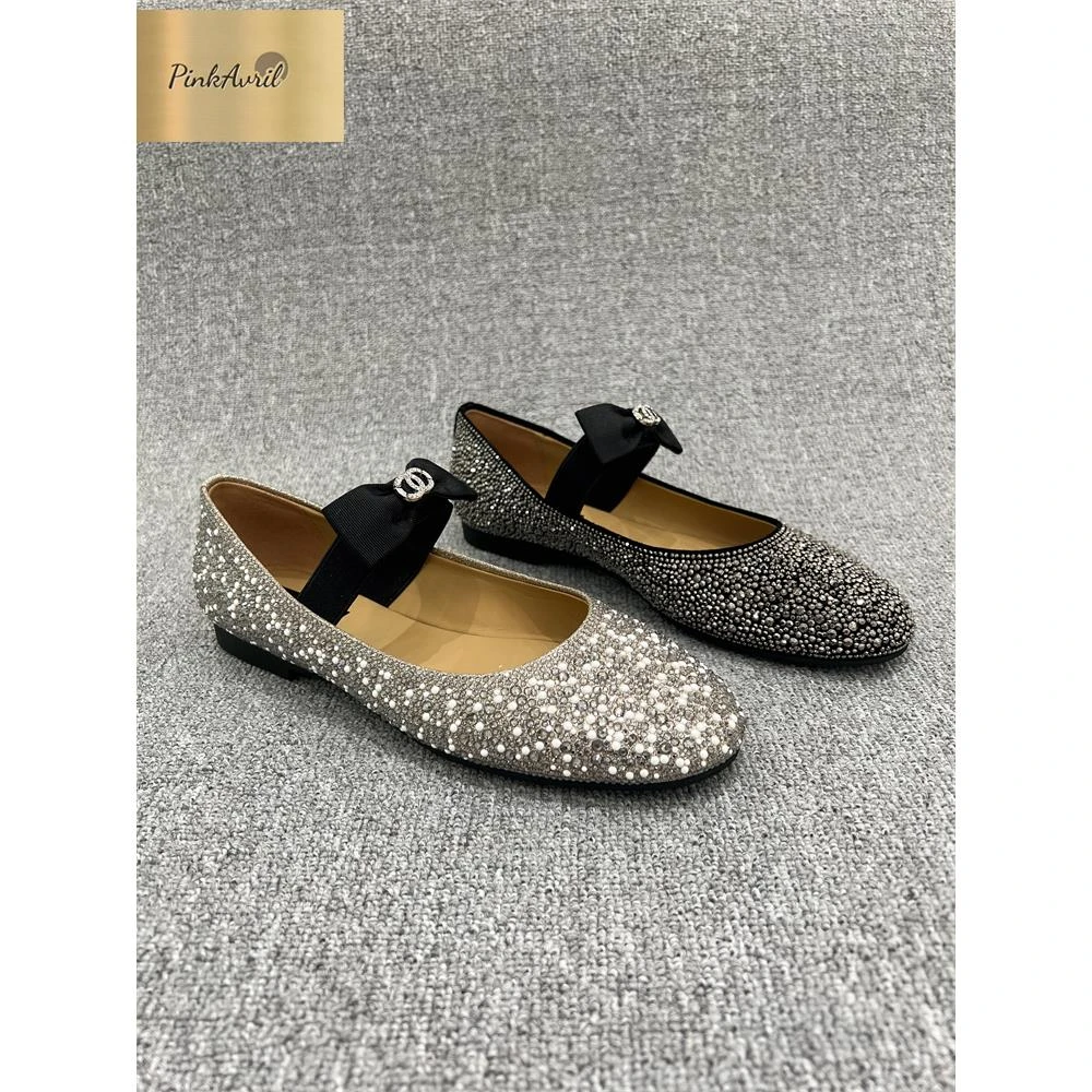 PinkAvril2025新款小香风玛丽珍鞋女浅口圆头蝴蝶结水钻一字带平