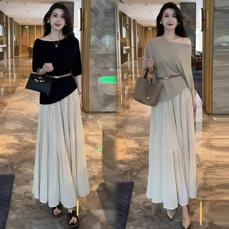 时尚套装裙女2025夏季新款时髦法式不规则斜肩上衣半身裙两件套裙