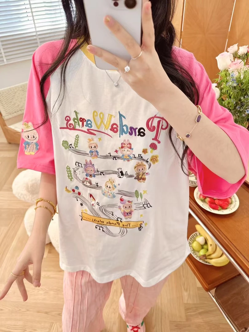 Pandawarks25222刺绣宽松短袖时尚T恤显瘦韩版休闲拼接圆领百搭