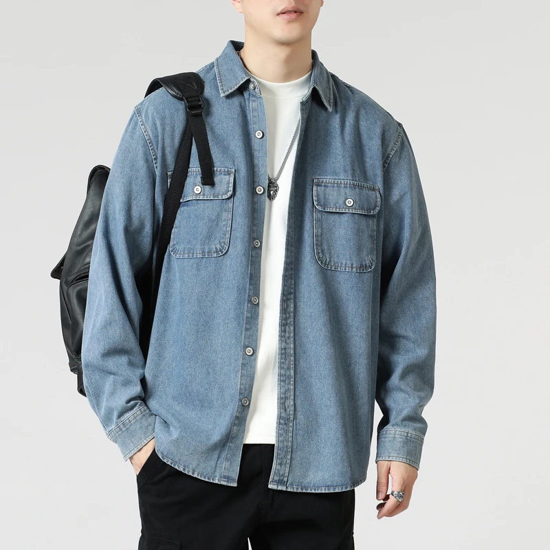 2025新款美式复古水洗牛仔衬衫男春秋季工装薄款休闲外套长袖衬衫