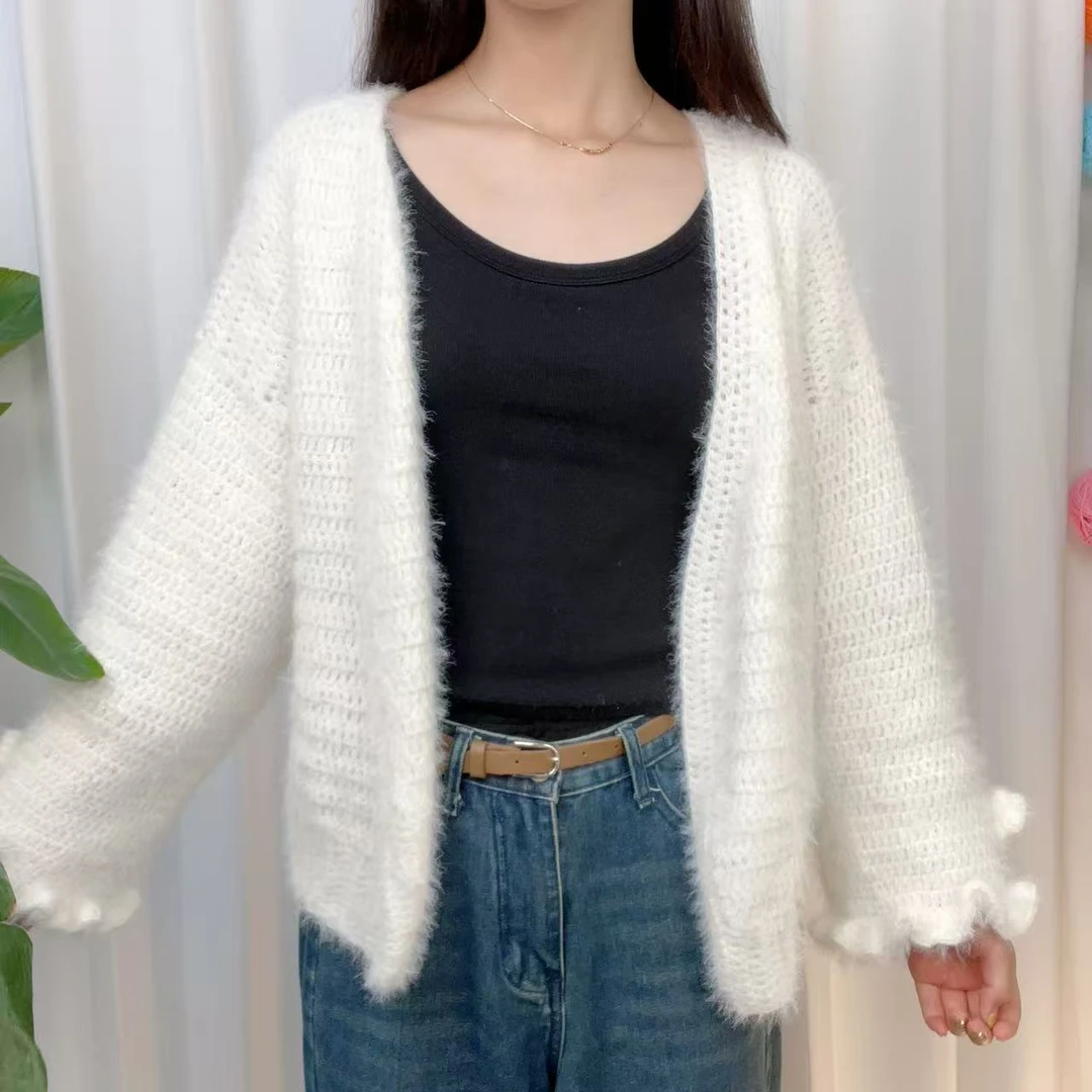 【造物即视】山雾白雪开衫 羊毛混纺线毛衣外套 手工DIY编织