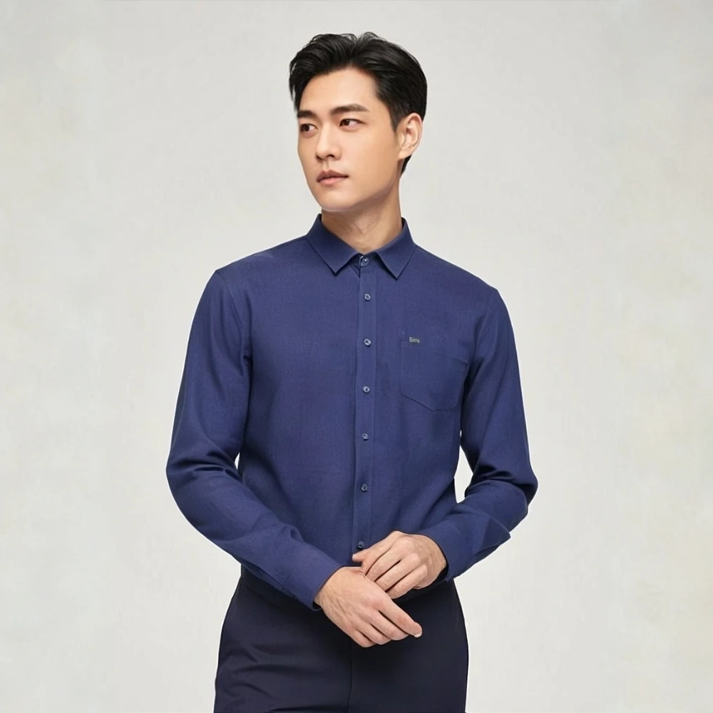 P3T长袖对襟男常规男士秋季衬衫春夏蓝色简约秋季纯色