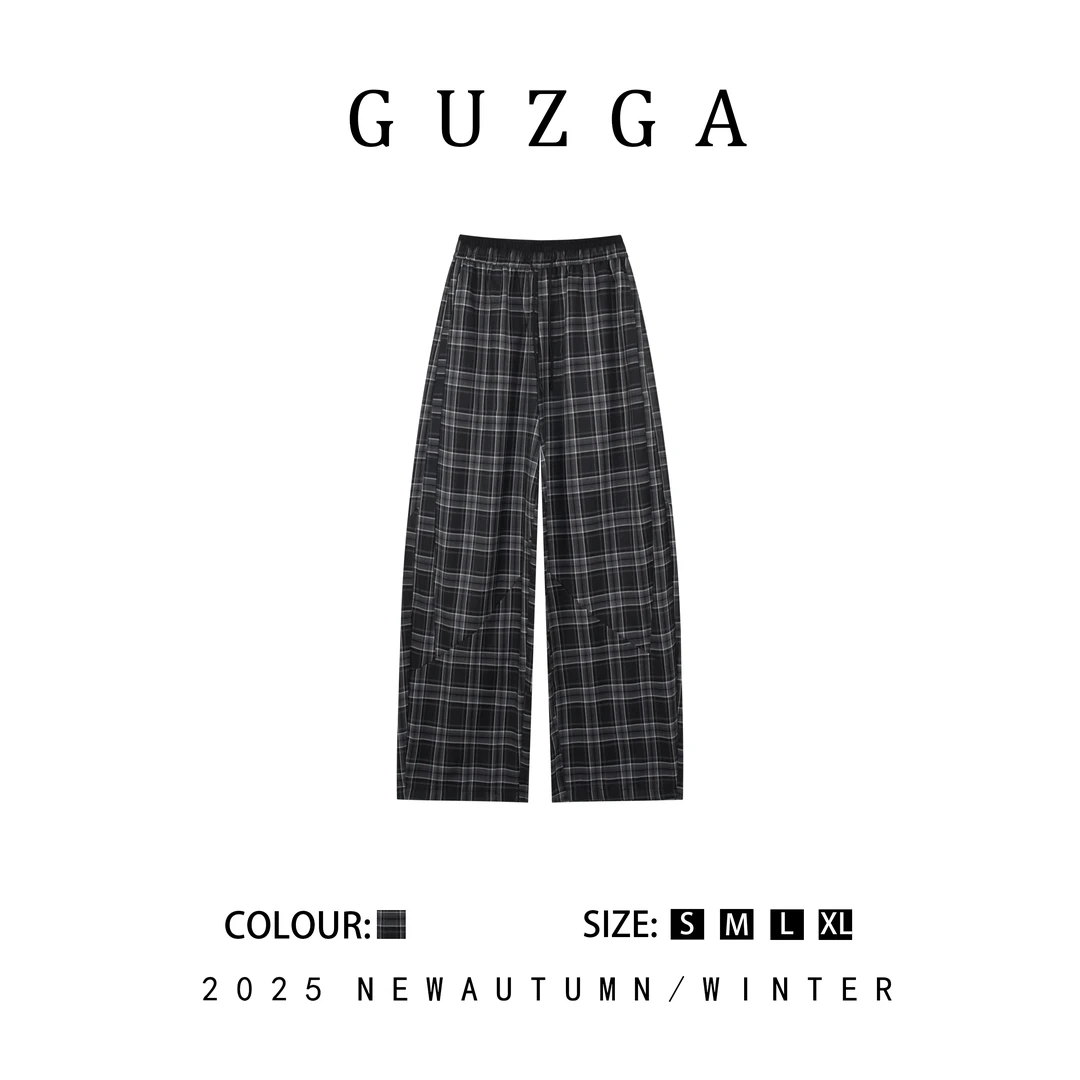GUZGA【冰清水冷】2025秋季上新松紧腰抽绳格子休闲宽松时尚百搭