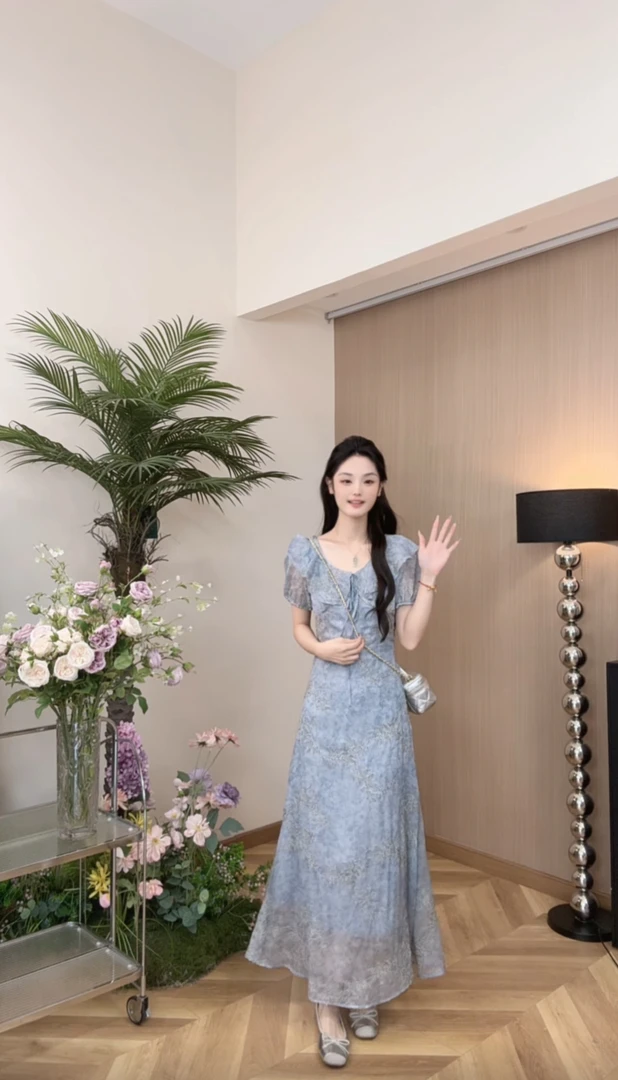 AN.XIN【云袖翩跹】度假风温柔气质撞色木耳边领中长款连衣裙9335