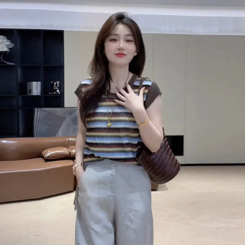 韩系独特别致撞色条纹短袖T恤衫2025夏季新款设计感修身显瘦上衣