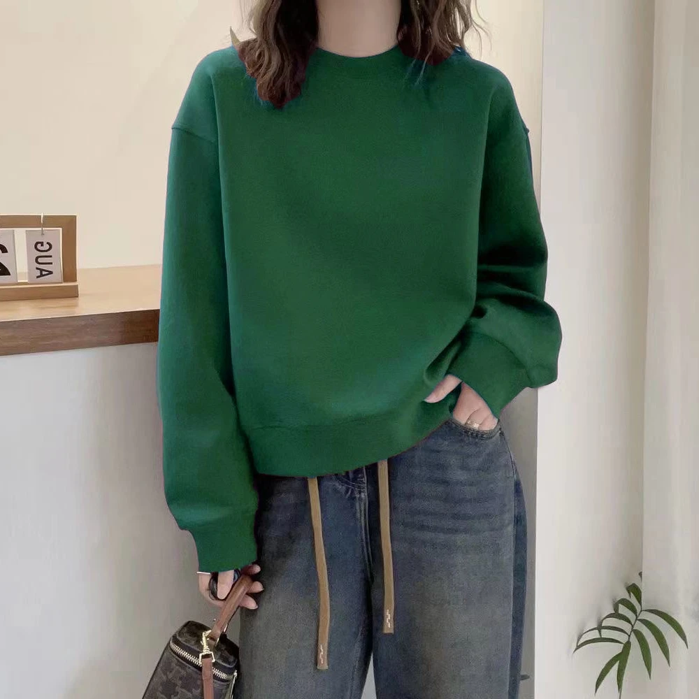 冬季女装加绒加厚圆领长袖套头宽松拼接简约打底显瘦保暖棉质卫衣