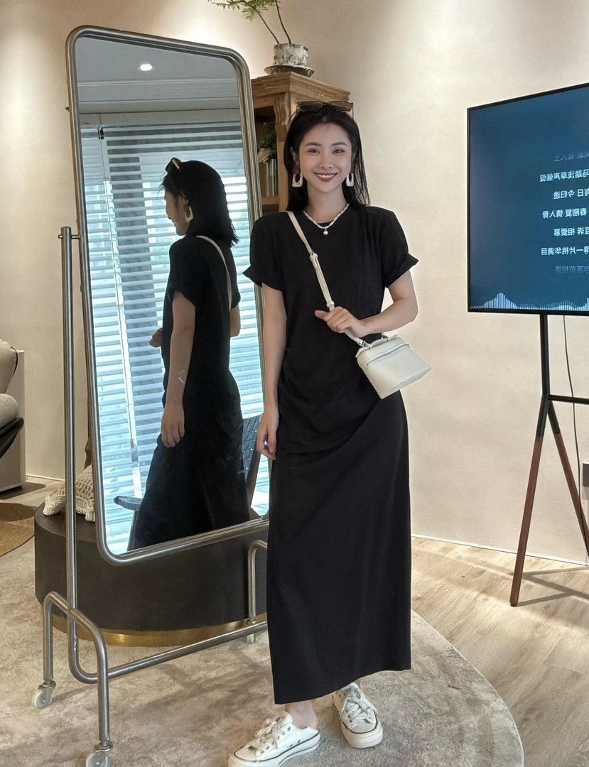 极简收腰皱褶短袖连衣长裙显瘦T裙
