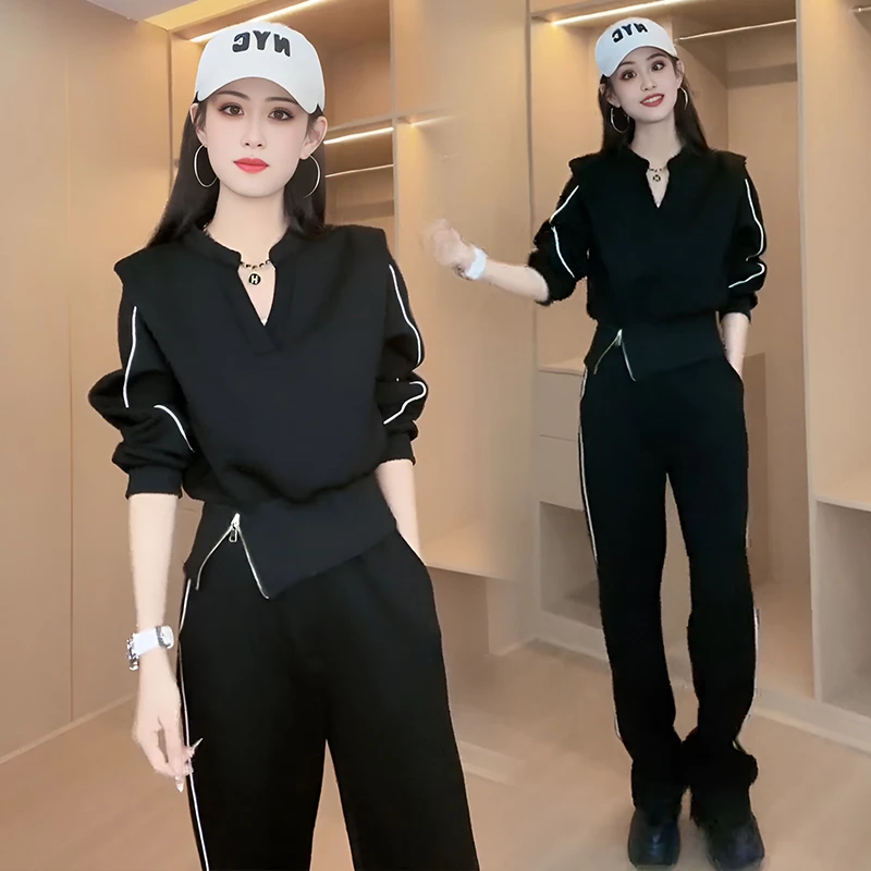 欧货休闲运动套装女2025春秋新款时尚洋气设计感收腰卫衣两件套女