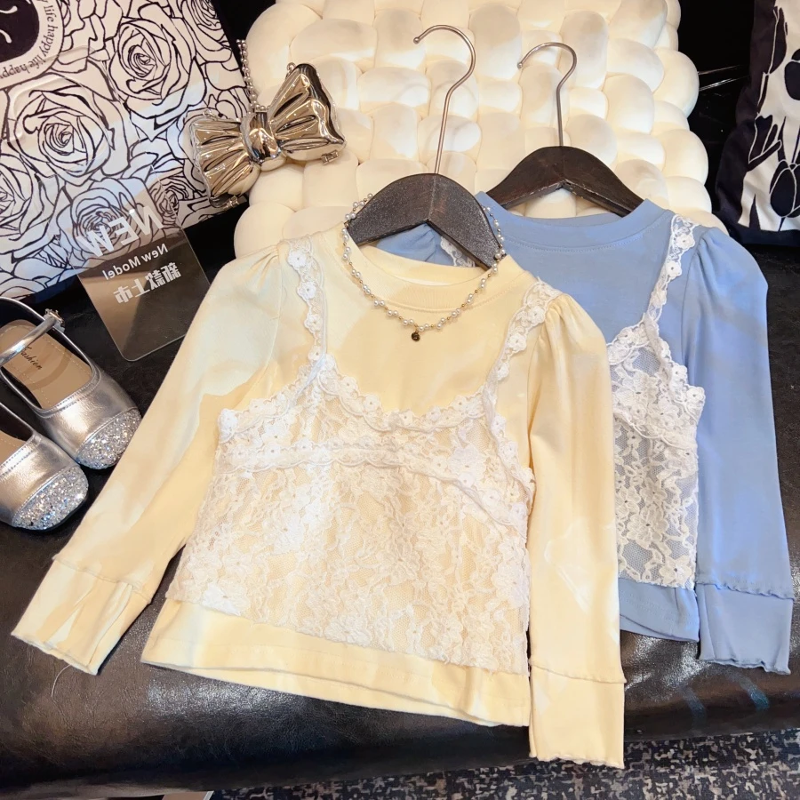 HHkids韩系新款洋气小众设计感植绒蕾丝吊带背心T恤两件套GCT020