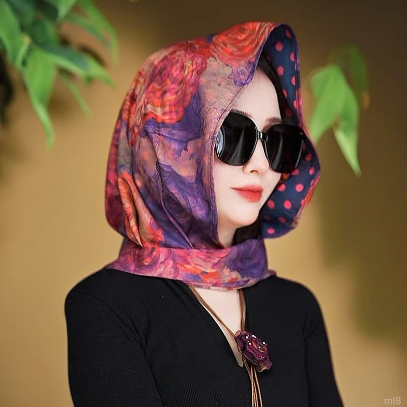 女士春秋防晒丝巾新款百搭【罗纹缎丝巾帽】飘带帽时尚包头帽休闲防