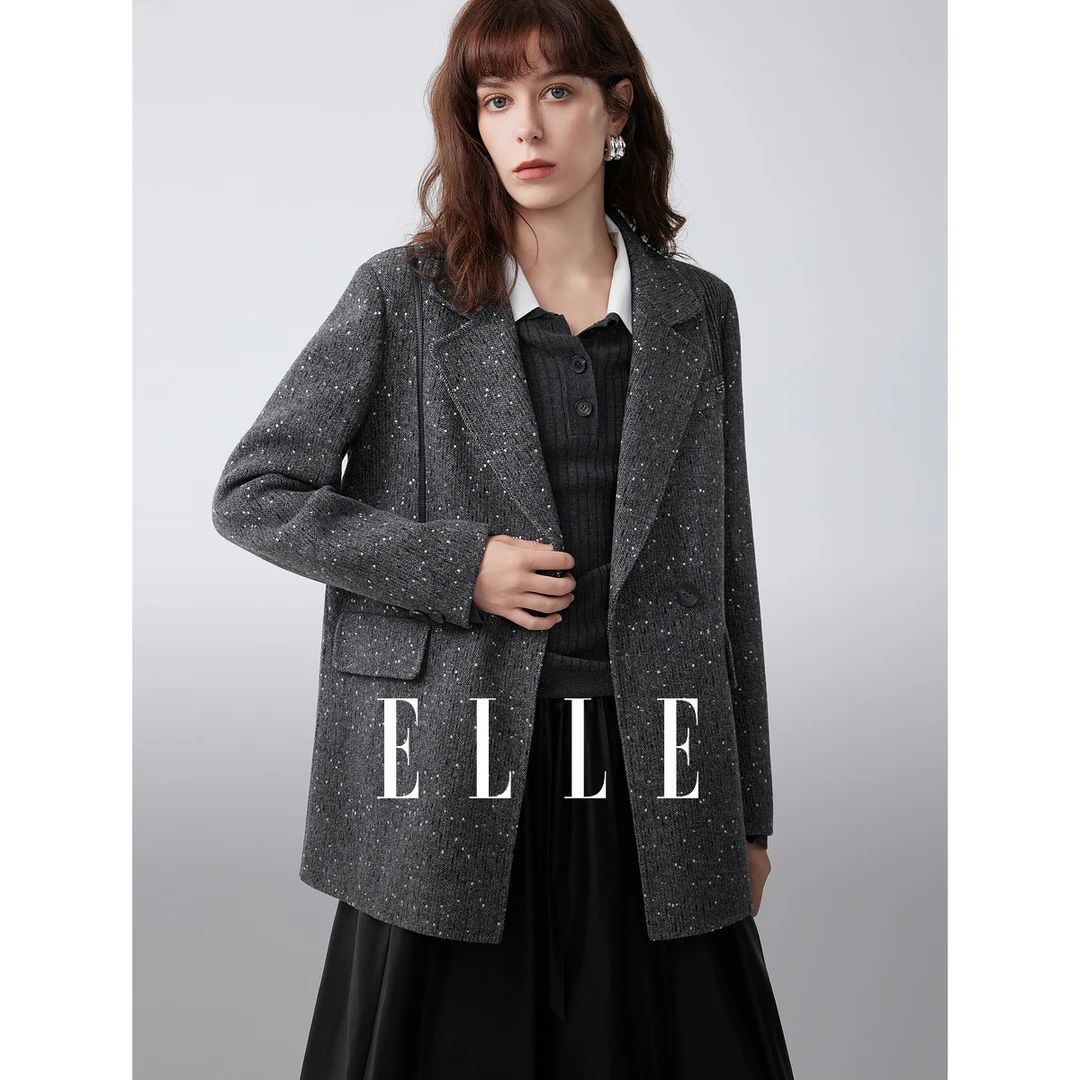 ELLE女装法式绵羊毛粗花毛呢西装2025冬季新款廓形呢外套EN52476