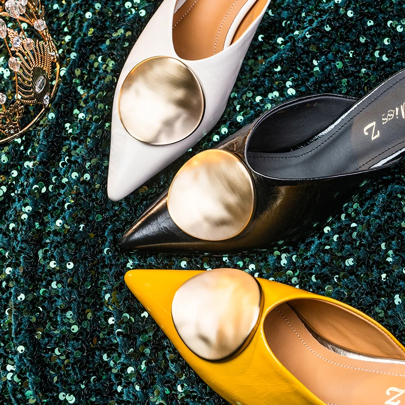 【MissZ】4.6cm尖头牛皮金属圆扣时尚夏季新款拖鞋