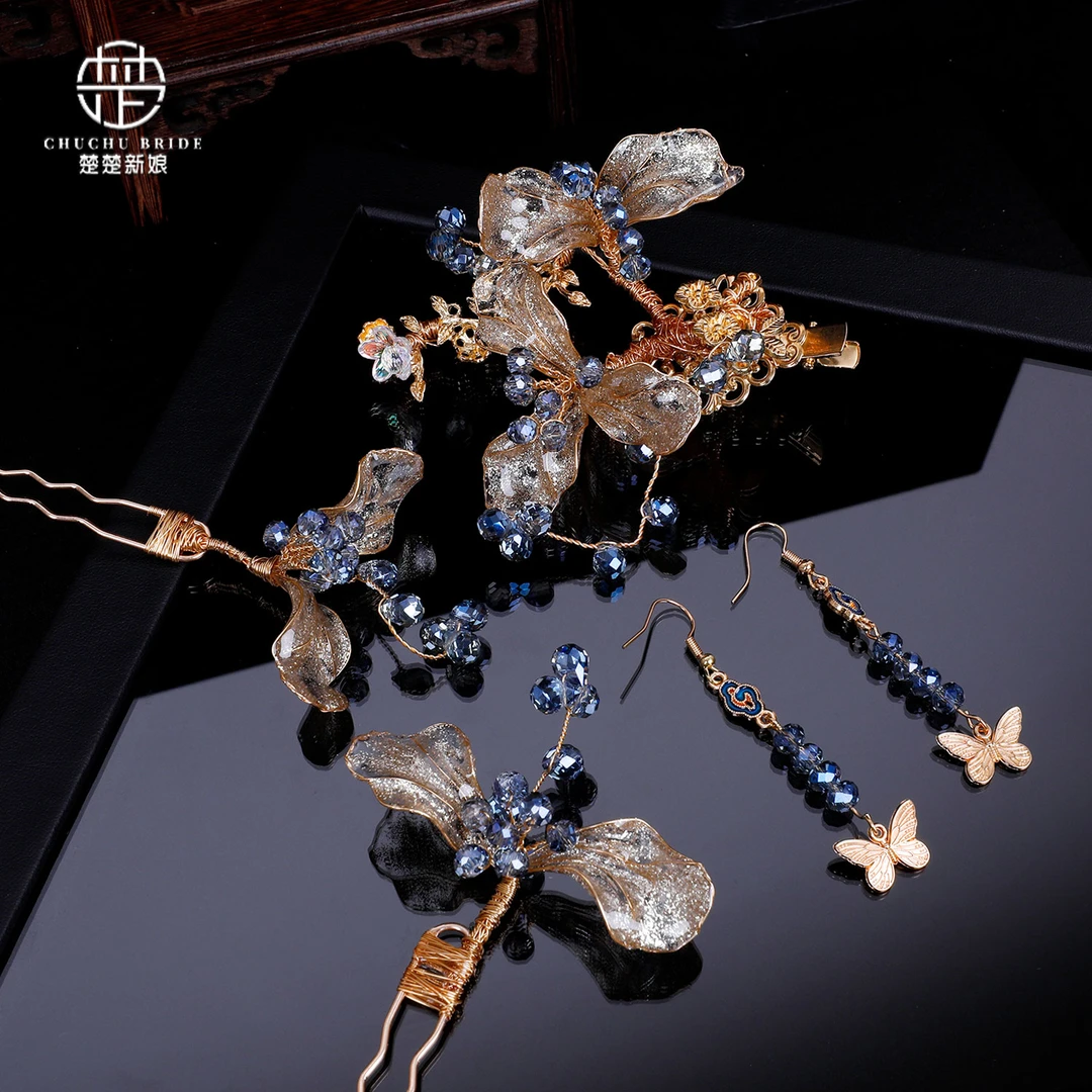 简约新娘头饰秀禾服头饰滴胶水晶花瓣步摇发钗古装结婚发饰套装