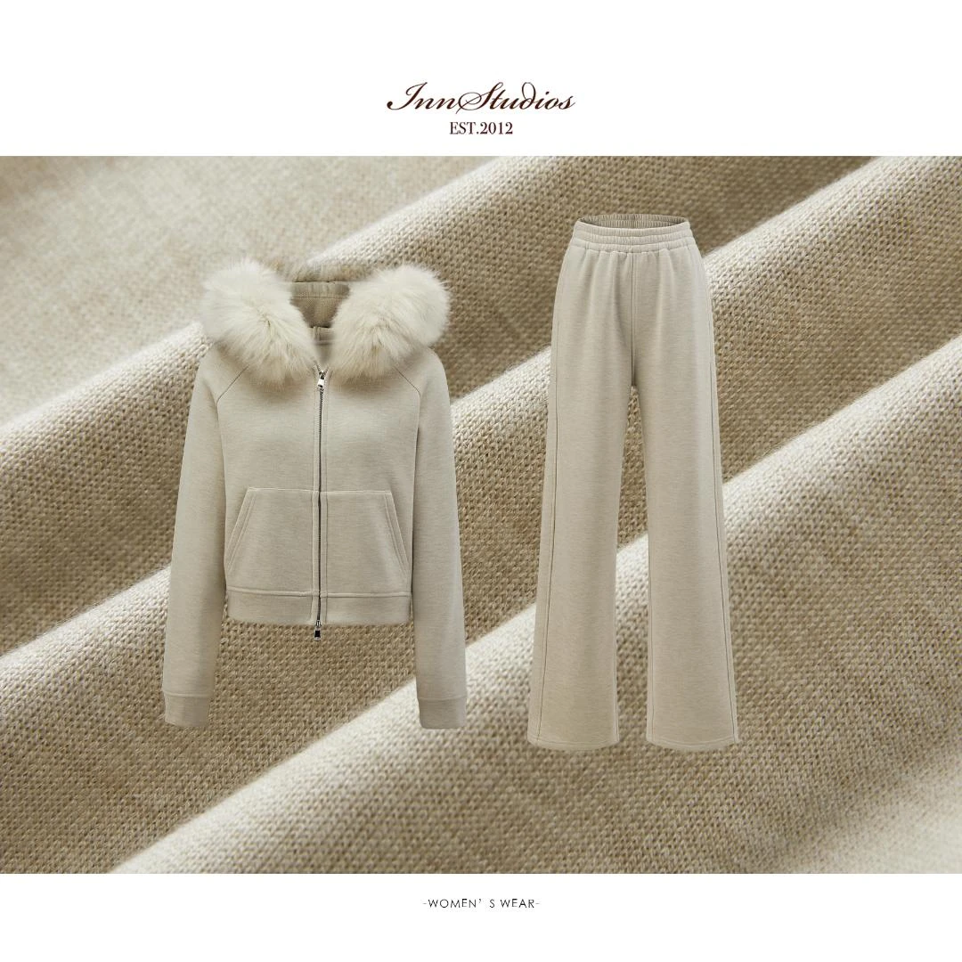 Innstudios「拿铁毛领套装」加绒真毛领 燕麦色连帽休闲卫衣套装