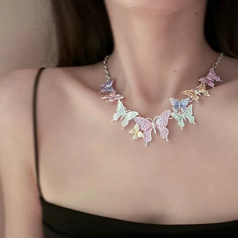 合金项链 X0155超仙气质蝴蝶滴油项链女轻奢辣妹甜酷风锁骨链