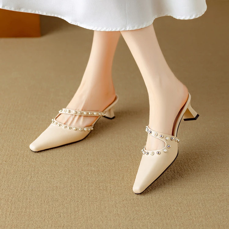 羊皮绝美包头凉拖鞋女夏季外穿时尚懒人半拖鞋女高跟鞋女粗跟穆勒