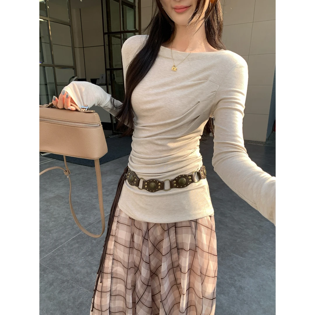 2025秋冬新款修身圆领长袖褶皱秋季网红秋冬女士荡领修身T恤女