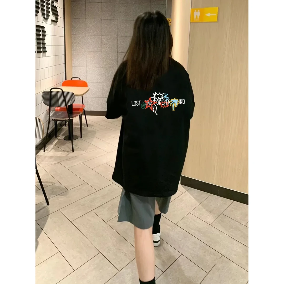 100%纯棉2025年夏季美式复古休闲hiphop短袖t恤男女街头宽松上衣