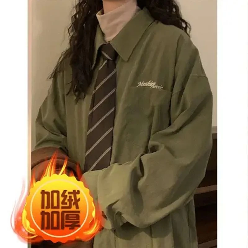 【加绒咸菜绿套装】2025秋冬宽松复古绿色长袖衬衫毛呢裙裤子三件套