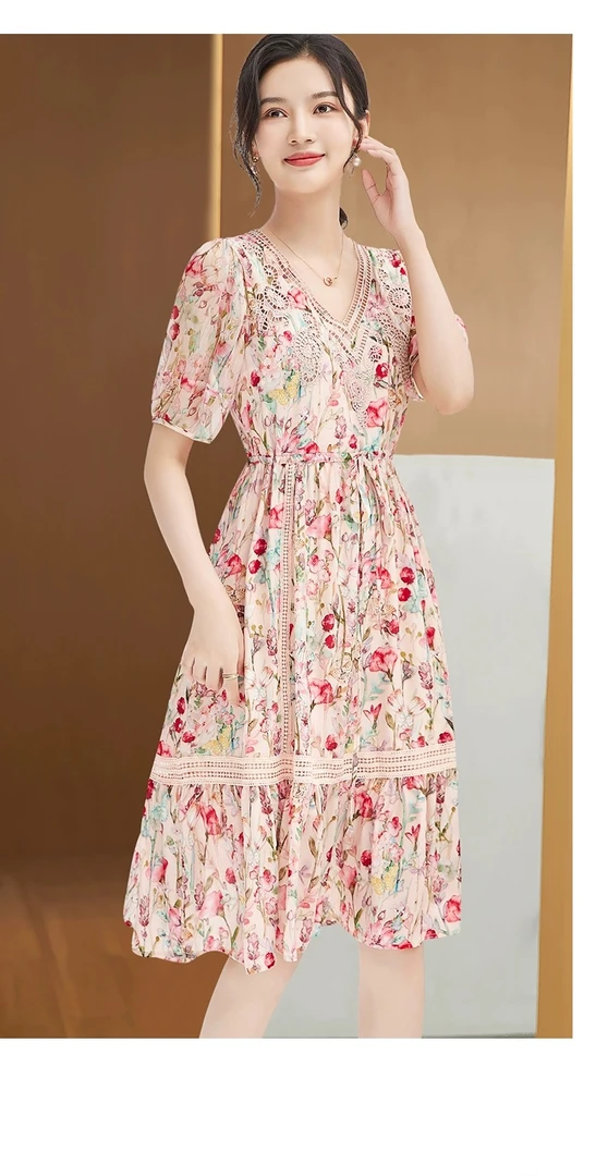 特价25新款夏季v领气质轻奢短袖桑蚕丝碎花连衣裙202294B