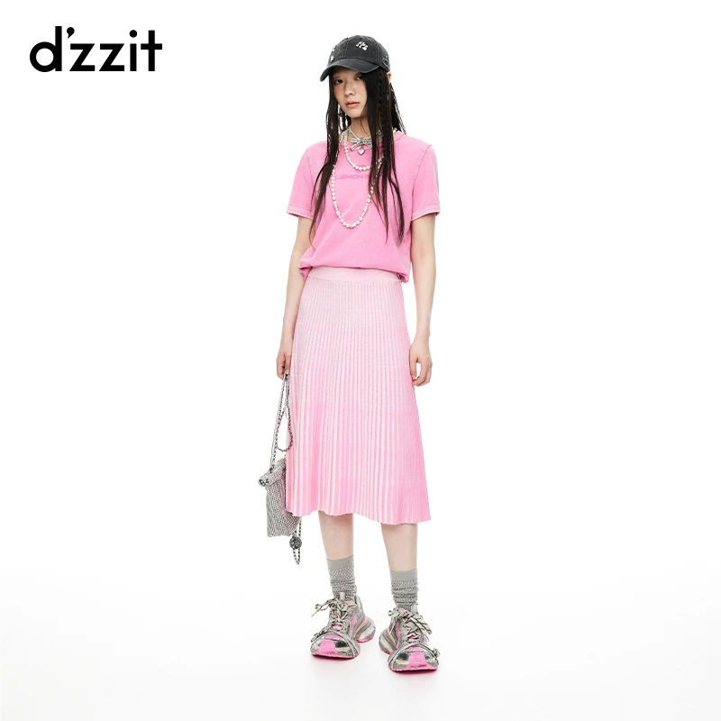 504【专属】dzzit地素半身裙夏季粉红色多巴胺渐变高腰针织百褶长裙