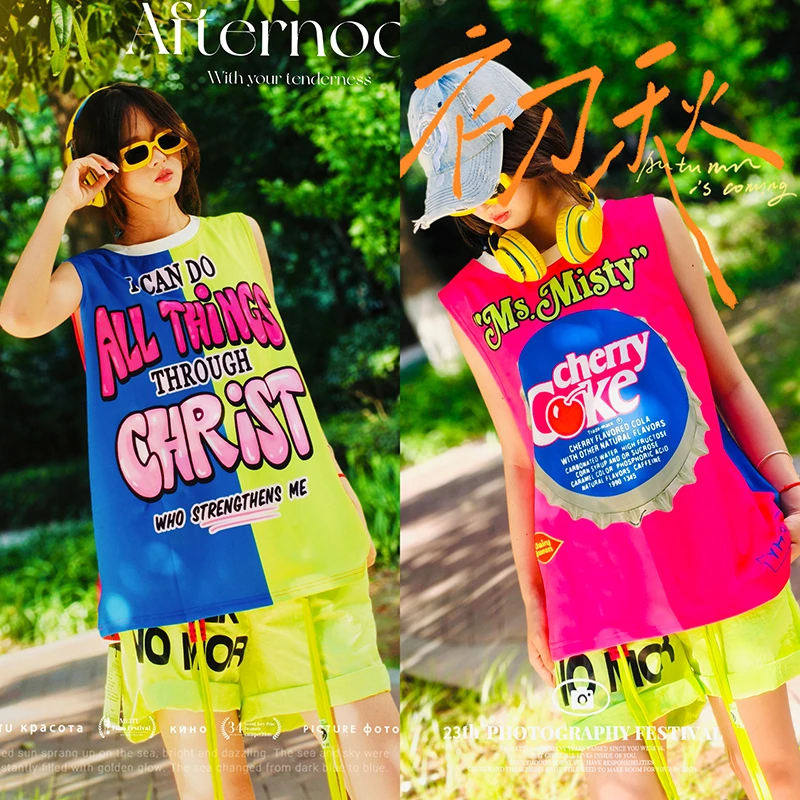 玫红彩字母休闲背心秋季新蓝荧光绿撞色图牌宽松运动打底衫HYC360